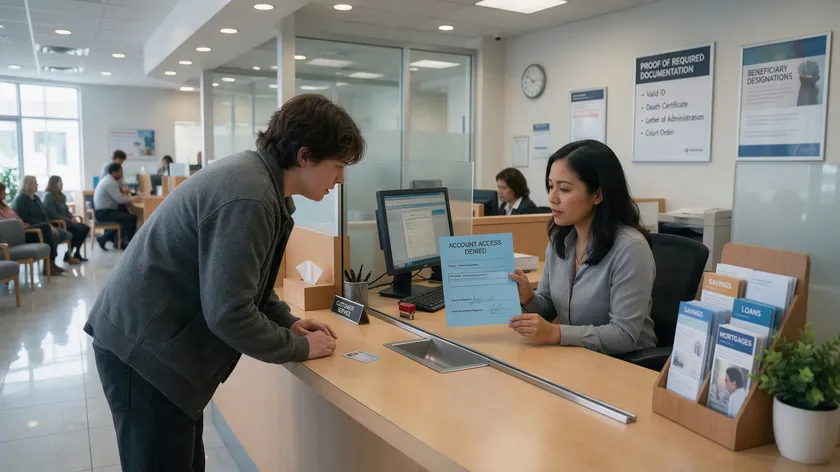 A person being turned away at a bank counter while trying to access a relative's account without the right paperwork.