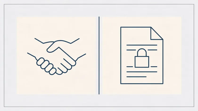 Simple line illustration contrasting a handshake, representing family closeness, with a locked document, representing real legal authority.
