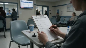 A person filling out a hospital admission form and pausing at the next of kin meaning uk section, deciding who to name.