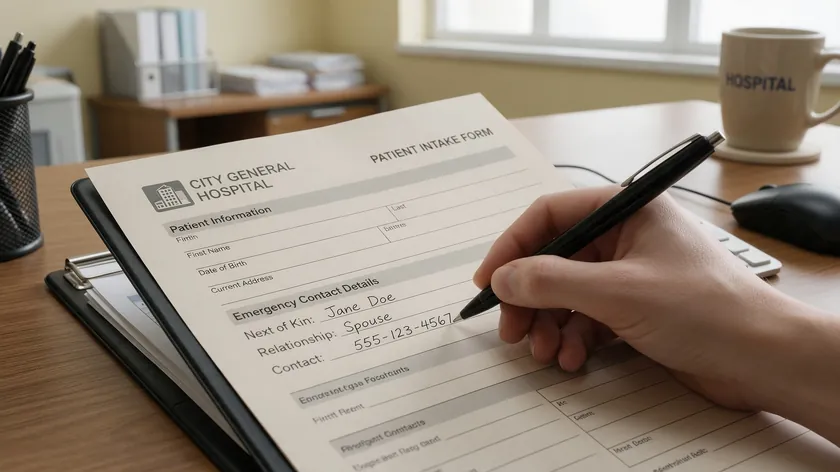 Close-up of a hospital intake form showing the next of kin meaning uk field being filled in by hand.