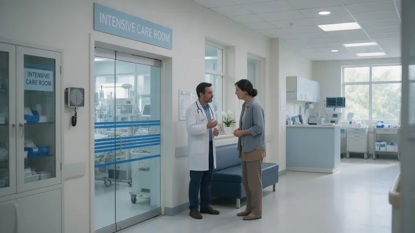 A doctor speaking quietly with a worried family member outside an intensive care room.