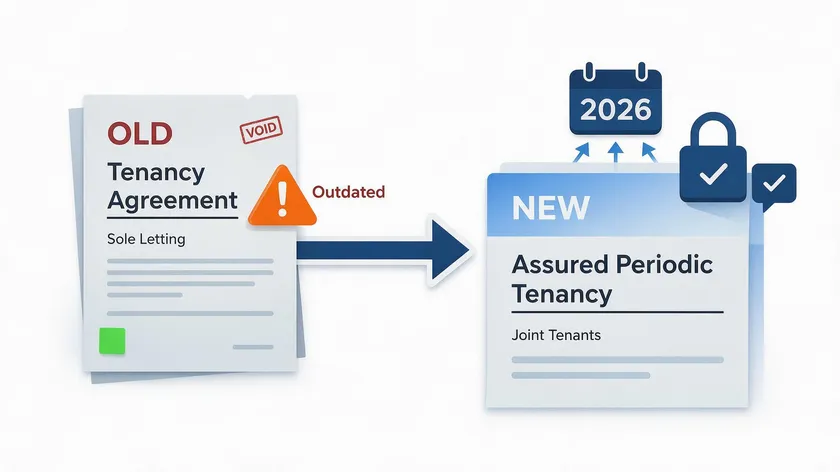 Illustration showing an outdated tenancy agreement converting into a new assured periodic tenancy document