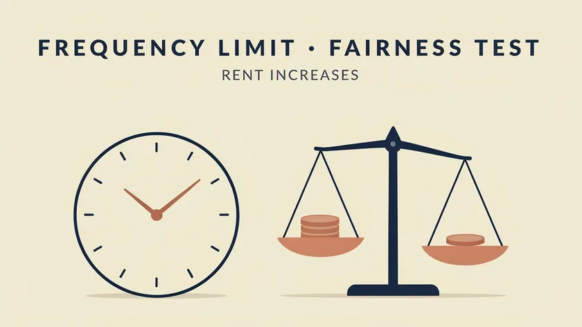 Flat minimalist illustration of a clock and a set of scales, representing the frequency limit and fairness test on rent increases