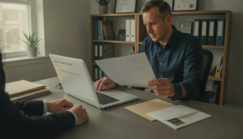 A landlord sitting at a laptop preparing to post a formal rent increase notice letter