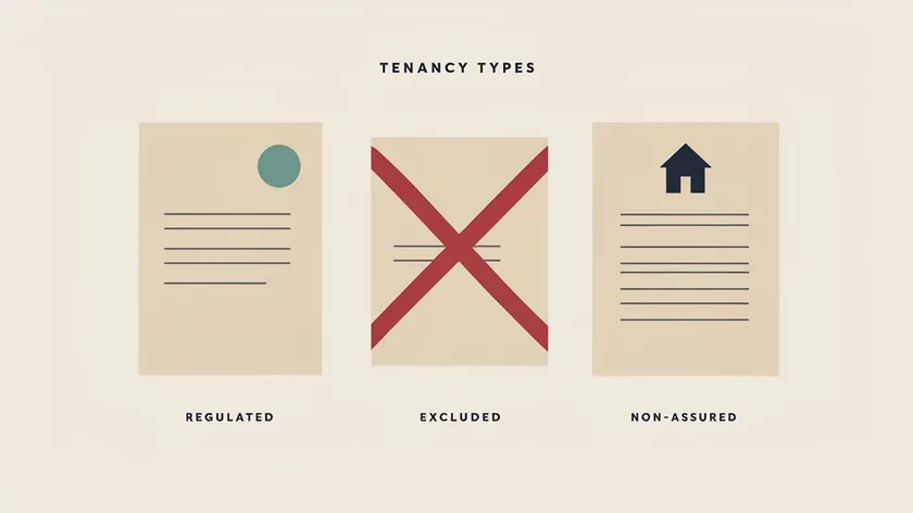 Flat minimalist illustration comparing regulated, excluded and non-assured tenancy types