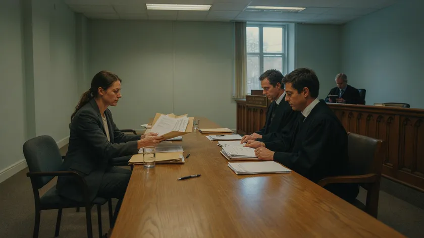 A tenant presenting paperwork to a panel member while challenging a rent increase at the First-tier Tribunal