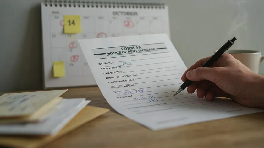 Close-up of a hand filling in a rent increase notice on Form 4A with a calendar in the background