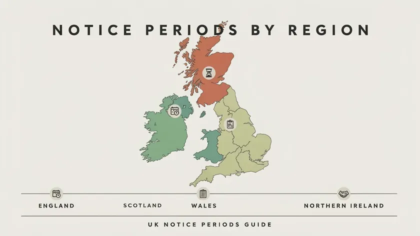 Flat minimalist illustration of a UK map showing different rent increase notice periods by nation