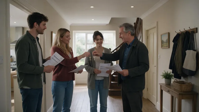 A landlord handing separate signed papers and keys to tenants in a hallway, representing individual assured periodic room tenancy agreements