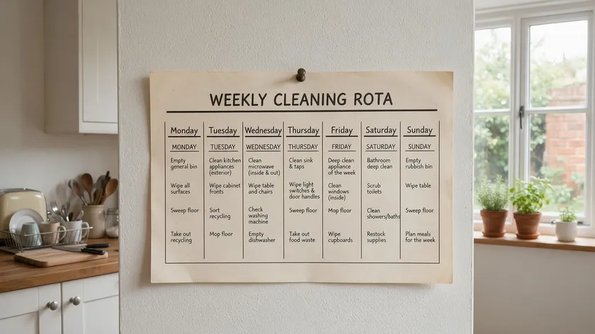 A weekly cleaning rota pinned on a shared house kitchen wall, showing tenant responsibilities under a room tenancy agreement