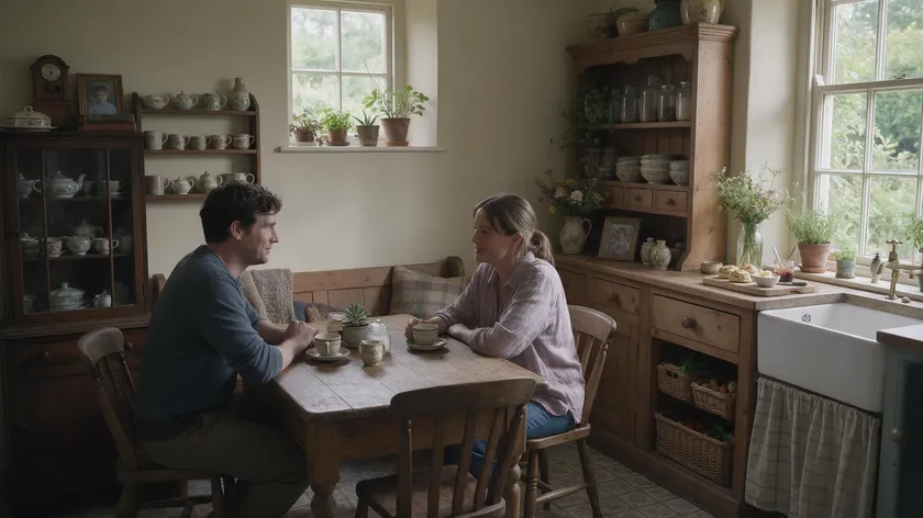 A homeowner and a lodger talking at a kitchen table, discussing how to end a lodger-style room tenancy agreement