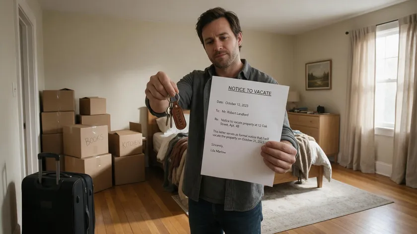 A tenant packing boxes and holding a notice to vacate, illustrating how an assured periodic room tenancy agreement ends