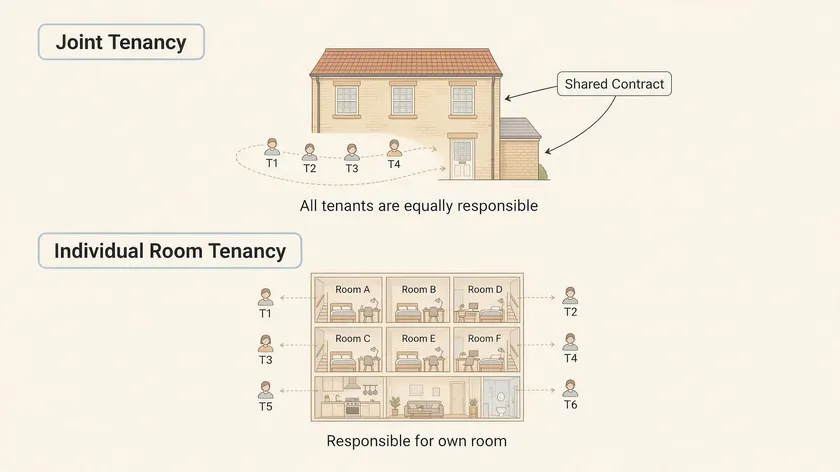 Flat minimalist illustration comparing a joint tenancy under one shared contract with an individual room tenancy agreement where each tenant is responsible for their own room