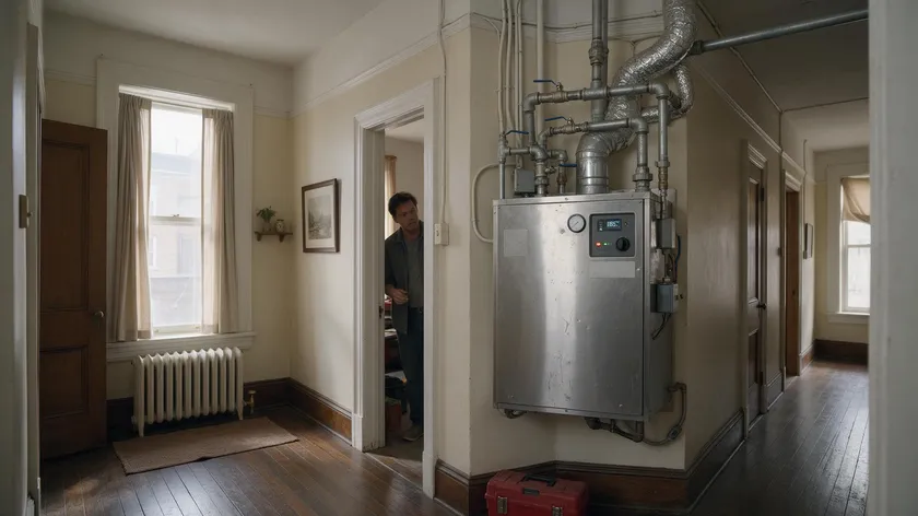 A maintenance worker checking a boiler in a shared house hallway, representing the landlord's repair obligations under a room tenancy agreement