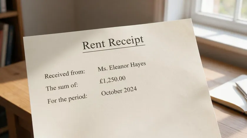Close-up of a signed rent receipt on a desk, showing the rent payment details covered by a room tenancy agreement