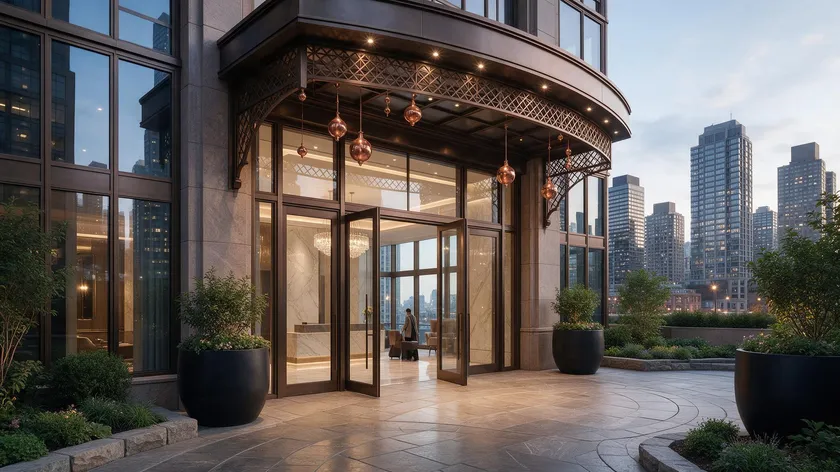 A businessperson wheeling a suitcase into an upscale city-centre penthouse building, representing a high-rent common law short term tenancy agreement