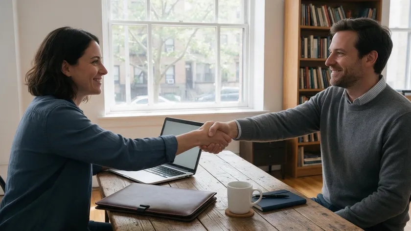 A tenant and a landlord shaking hands across a table with a laptop and a folder, agreeing on deposit and rent in advance terms for a short term tenancy agreement