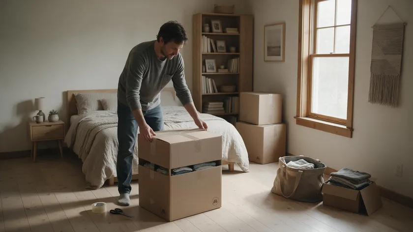A tenant packing and taping a moving box in a bedroom, illustrating the end of a short term tenancy agreement