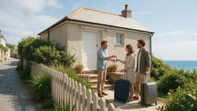 A host handing over keys to two guests with suitcases at the front door of a coastal holiday cottage, illustrating a short term tenancy agreement for a holiday let