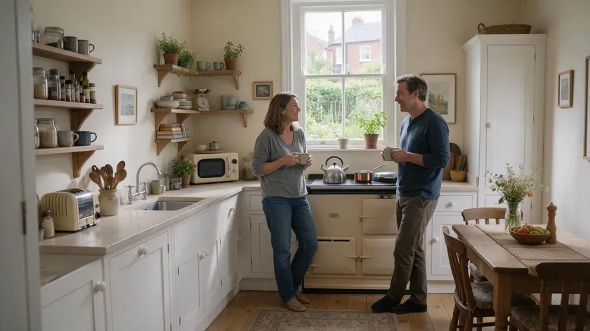 A live-in landlord and a lodger chatting casually over tea in a shared kitchen, representing a licence arrangement rather than a short term tenancy agreement