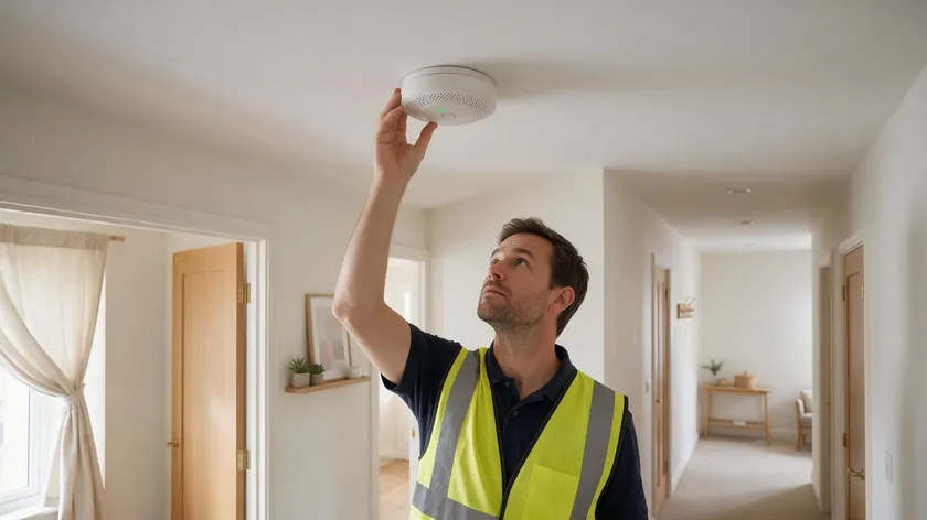 A safety inspector checking a smoke alarm in the hallway of a rented flat, representing the legal obligations attached to a short term tenancy agreement
