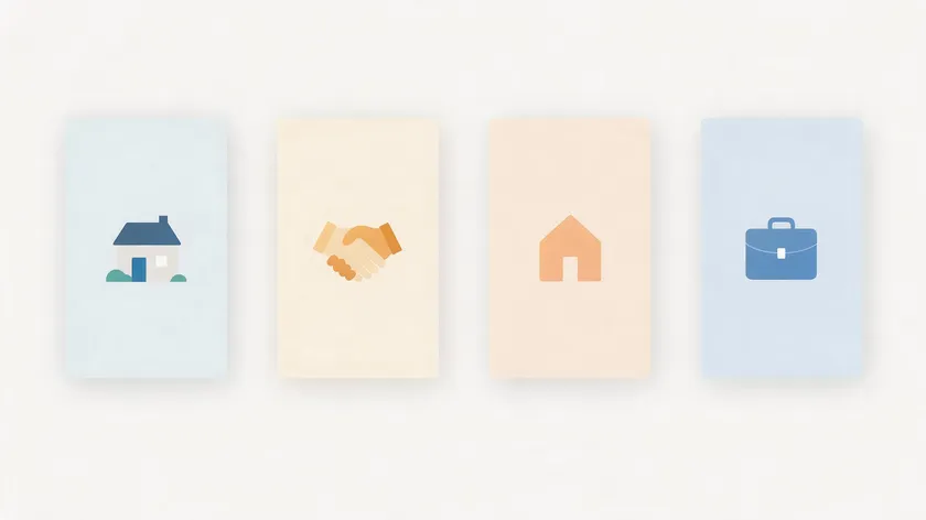 Flat minimalist icons representing the four types of short term arrangements: a holiday home, a handshake for a licence, a house for an AST, and a briefcase for a common law let