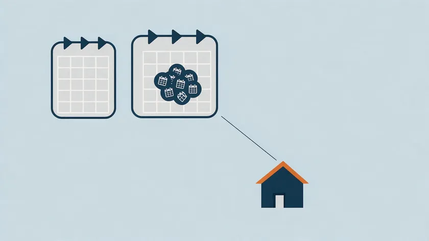 Flat minimalist illustration comparing a simple calendar and a cluttered calendar connected to a house icon, representing a short term tenancy agreement versus a long term tenancy