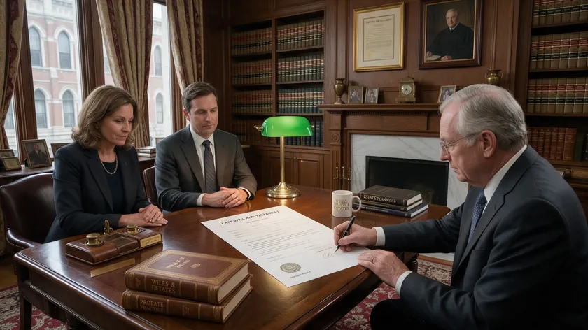A testator signing a will template while two independent witnesses look on, as required for a valid signature.