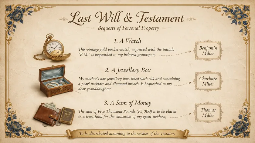 A will template page listing specific gifts, including a watch and a sum of money, each linked to a named beneficiary.