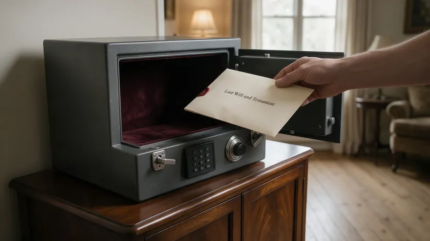 A last will and testament being placed inside a fire-resistant safe for secure storage.