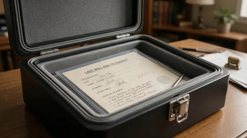 A signed and dated last will and testament template being placed inside a safe for secure storage.