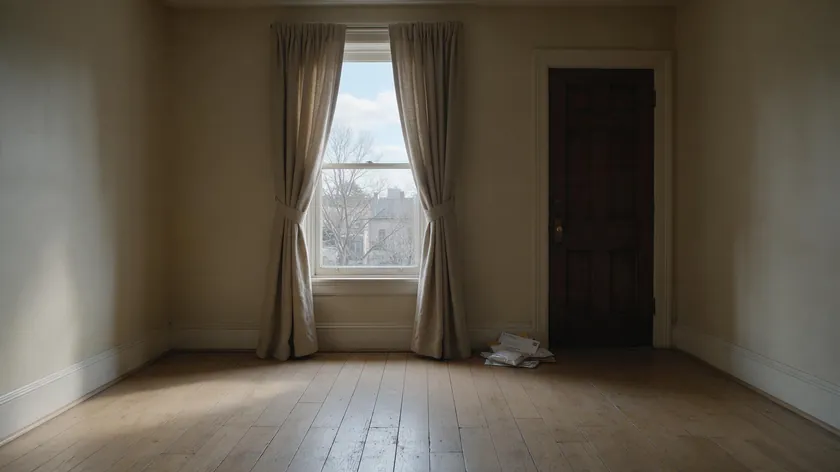 An empty rental room with a pile of unopened mail on the floor, representing abandonment rather than a valid surrender of tenancy