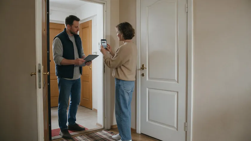 A landlord and tenant carrying out a check-out inspection, photographing a meter reading after a surrender of tenancy