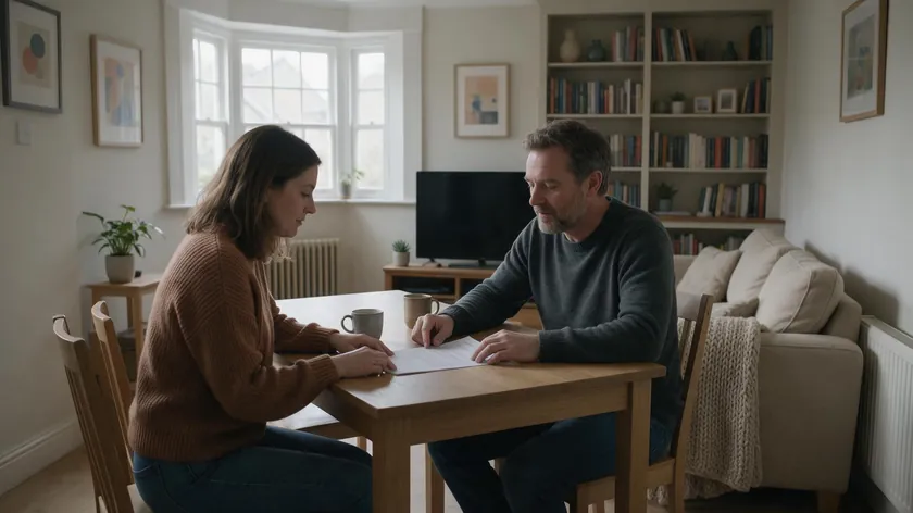 A landlord and tenant calmly discussing a document together at a table, representing a mutual surrender of tenancy