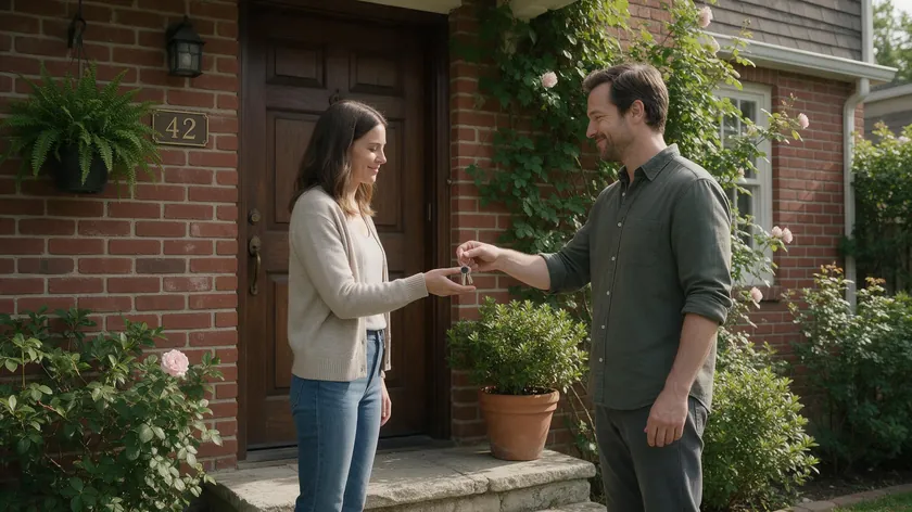 A tenant handing over house keys to a landlord at the front door, representing an implied surrender of tenancy
