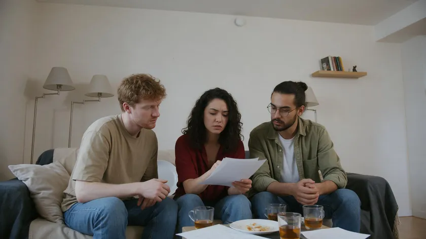 Three joint tenants reviewing a document together on a sofa, discussing a surrender of tenancy
