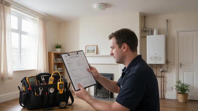 An engineer reviewing a gas safety certificate in a rented property's living room