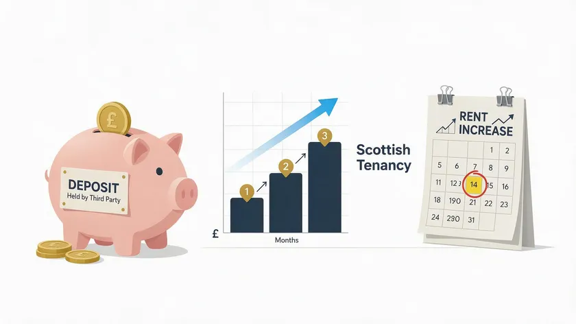 Flat minimalist illustration of a piggy bank next to a rising bar chart and a calendar, representing deposits, rent and rent increases under a Scottish tenancy