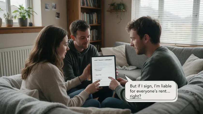 Three flatmates sitting together reviewing a joint tenancy agreement for their shared flat in Scotland