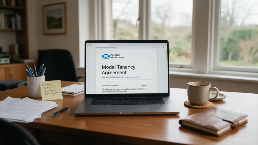 A landlord reviewing the Scottish Government's Model Tenancy Agreement template on a laptop