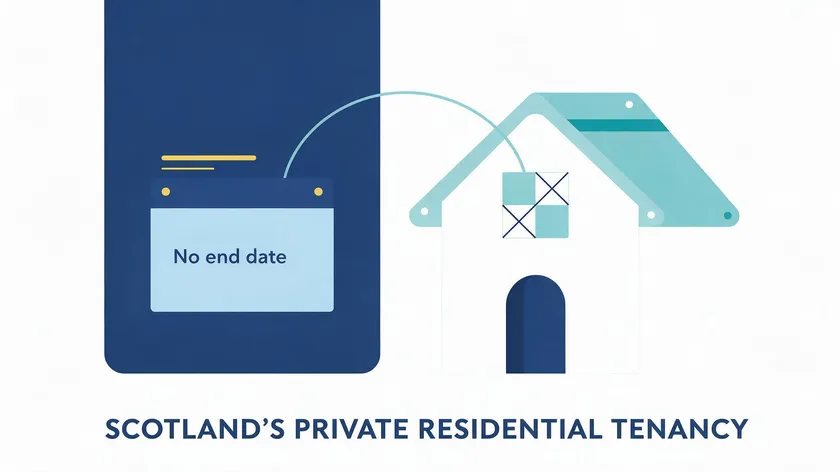 Flat minimalist illustration of an open-ended calendar with no end date next to a house icon, representing Scotland's open-ended Private Residential Tenancy