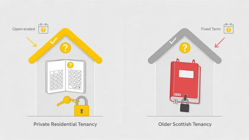 Flat minimalist illustration comparing two house icons side by side, one labelled with an open-ended calendar and the other with a fixed-term calendar, representing Private Residential Tenancies versus older Scottish tenancies