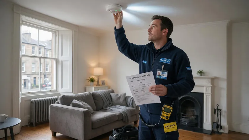 An engineer checking a smoke alarm as part of the safety documents required before a Scottish tenancy begins
