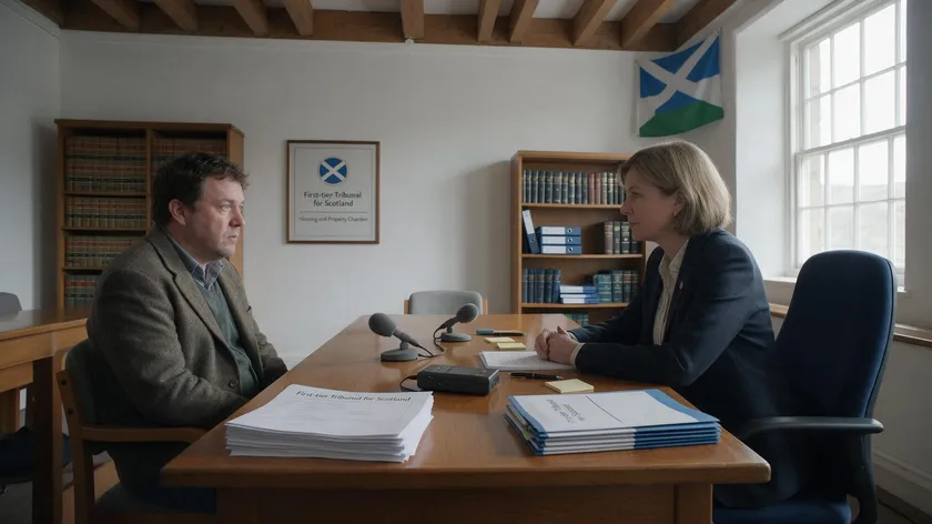 A tenant and a housing tribunal representative discussing a case at the First-tier Tribunal for Scotland