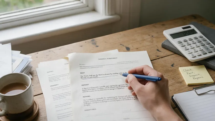 Close-up of someone highlighting the rent, deposit and repairs clauses on a printed tenancy agreement