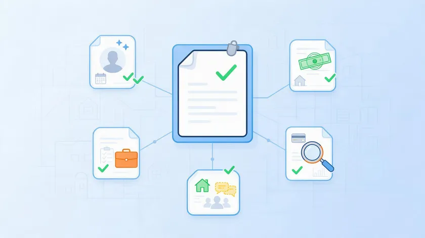 Flat minimalist illustration showing the identity, employment, credit, address history and right to rent checks included in a tenancy reference