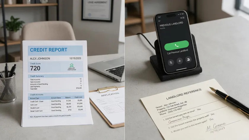 Split image showing a credit report and a previous landlord reference call, two key parts of a tenancy reference