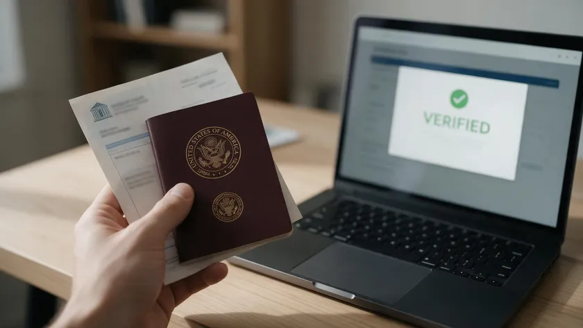 Close-up of a hand holding a passport and a utility bill next to a laptop showing a verified identity screen, representing a tenancy reference check