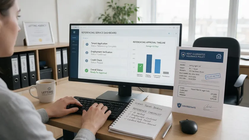 A letting agent at a desk using a referencing service dashboard and reviewing a rent guarantee insurance policy for a tenancy reference