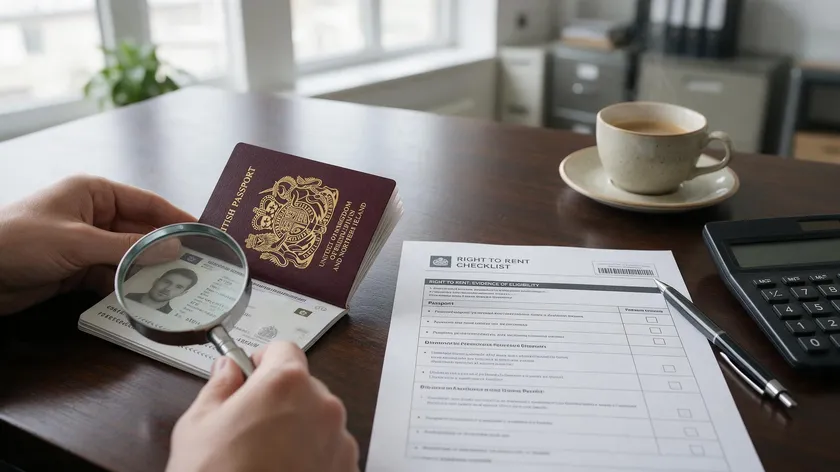Close-up of a hand reviewing a British passport against a right to rent checklist as part of a tenancy reference